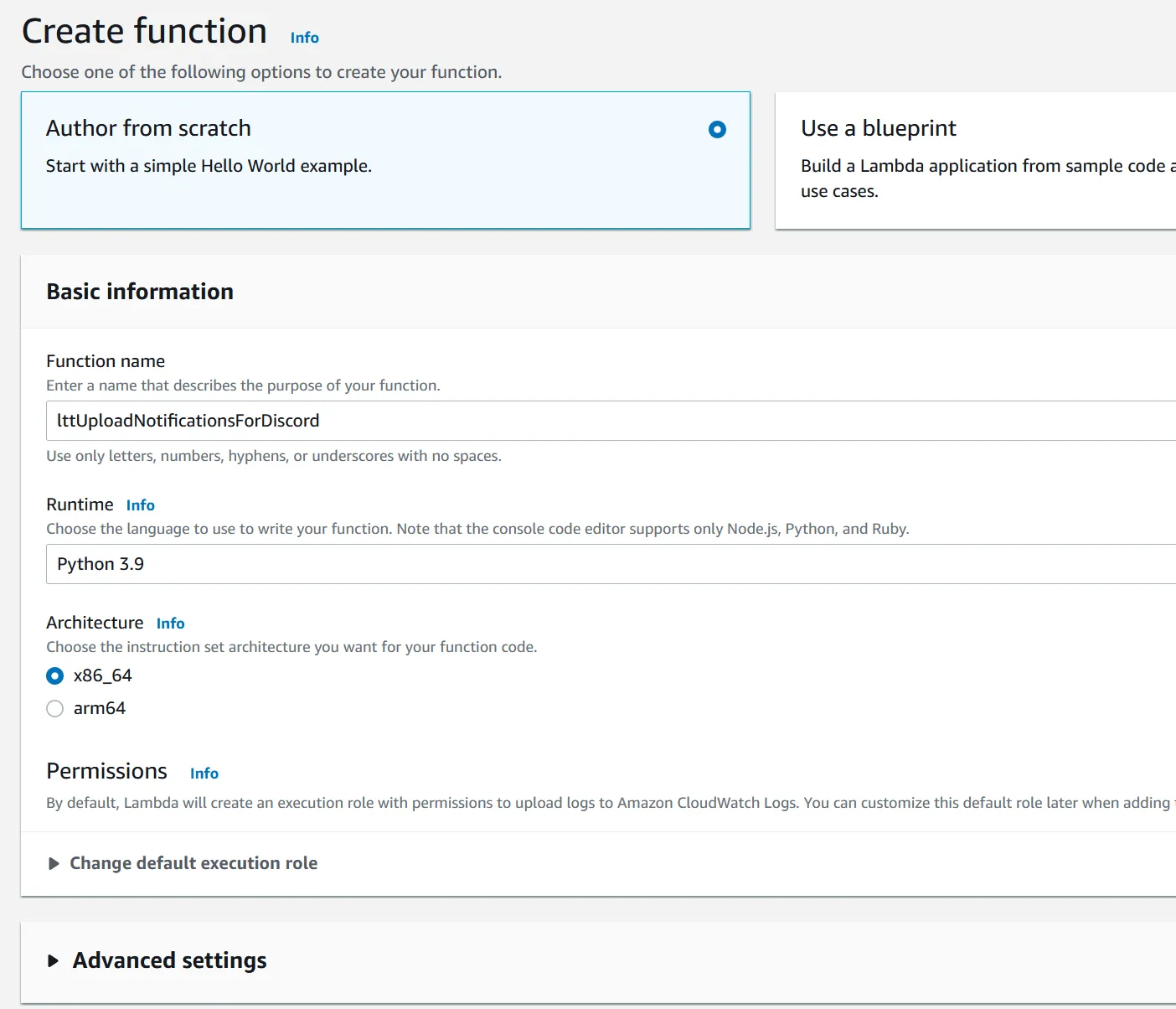 Your Lambda function setup should look like this