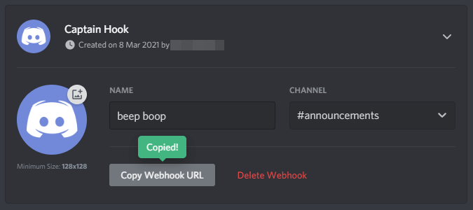 Screenshot of discord's webhook configuration menu