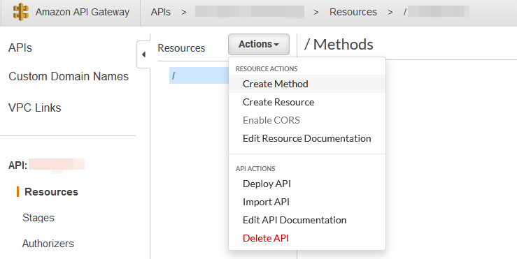 Screenshot of the actions menu for an API