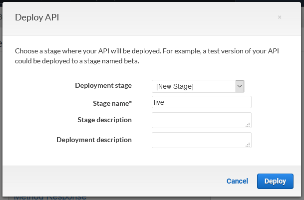 Screenshot of the 'deploy api' dialog