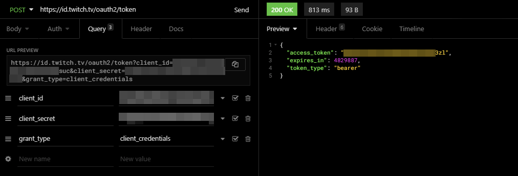 Screenshot of the insomnia api client configured for the authentication step