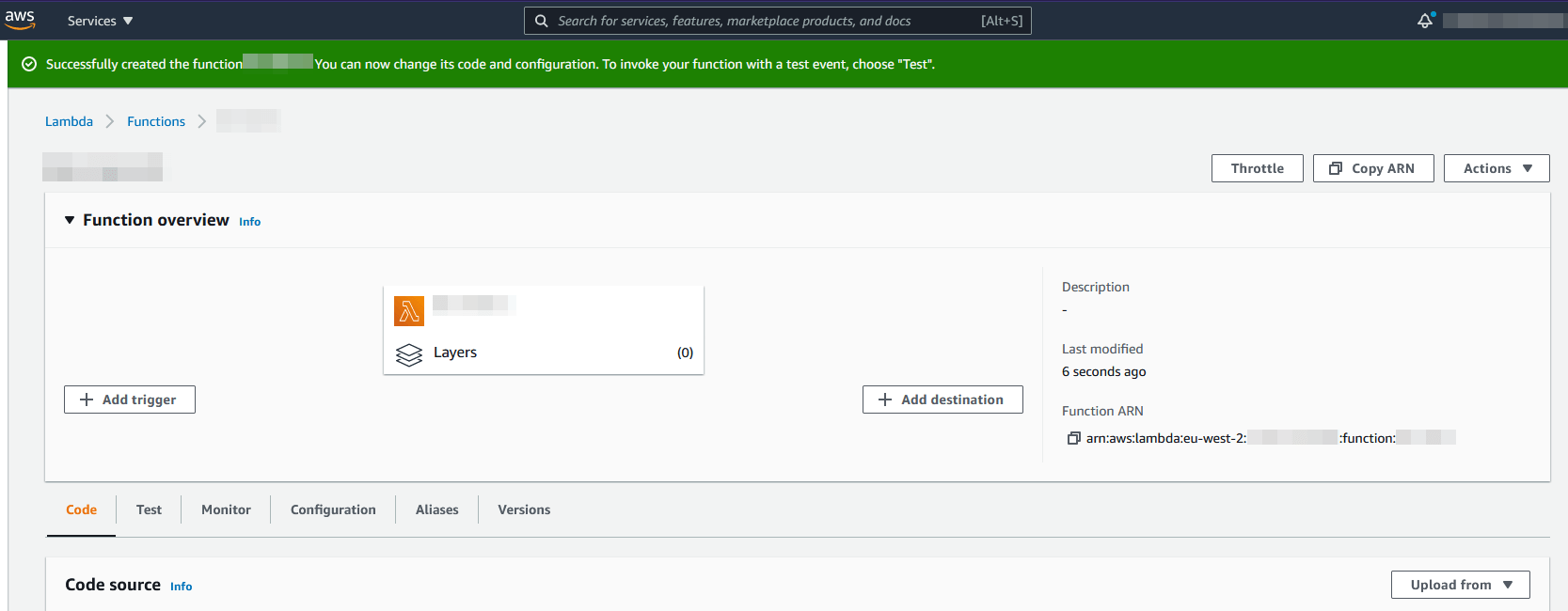 Screenshot of the aws console with a successfully created lambda function