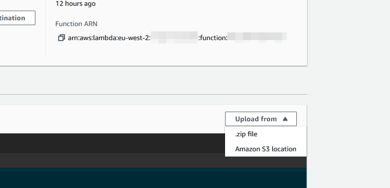 Screenshot showing the 'upload zip' button on the lambda dashboard