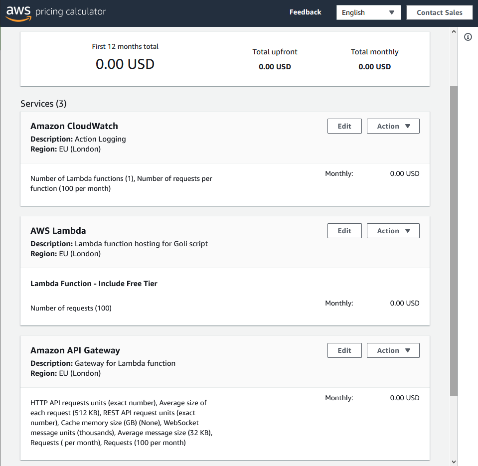 Screenshot of AWS pricing calculator