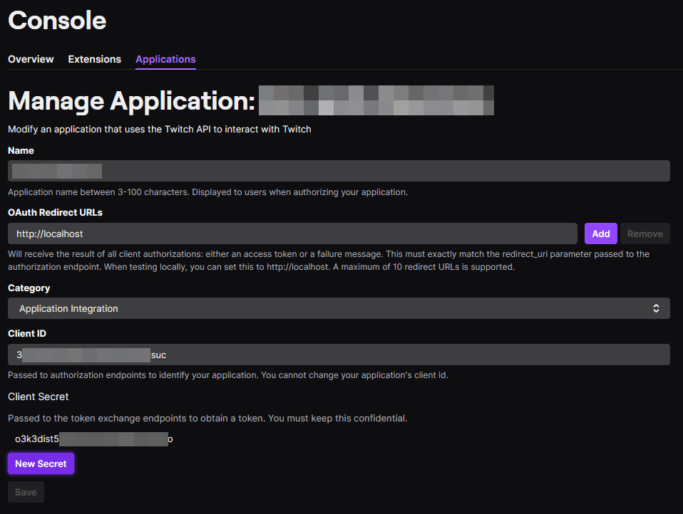Screenshot of twitch console with generated client secret