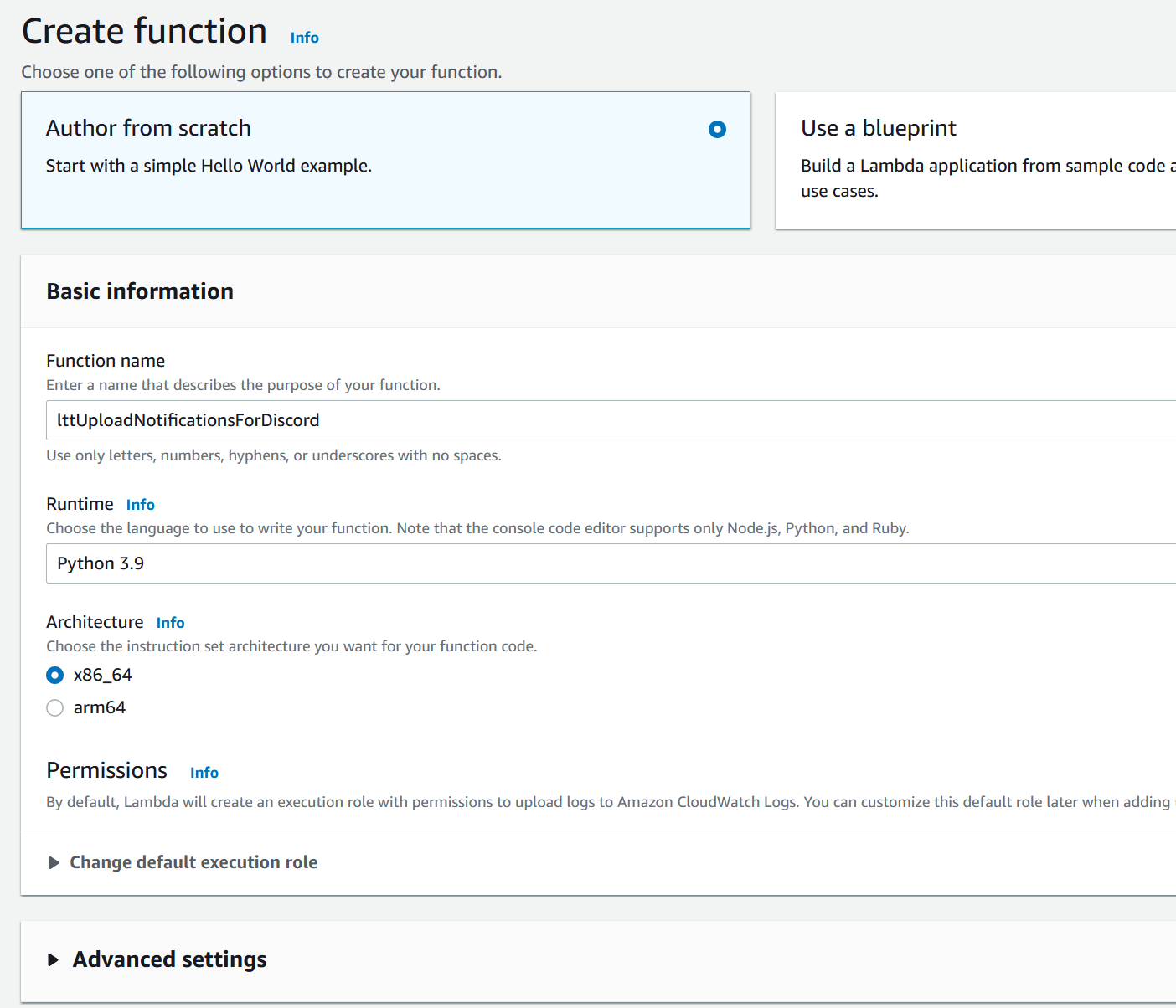 Your Lambda function setup should look like this