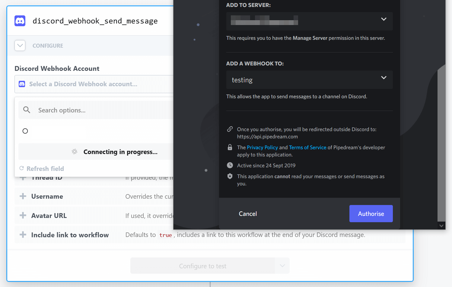 The Discord Webhook setup process