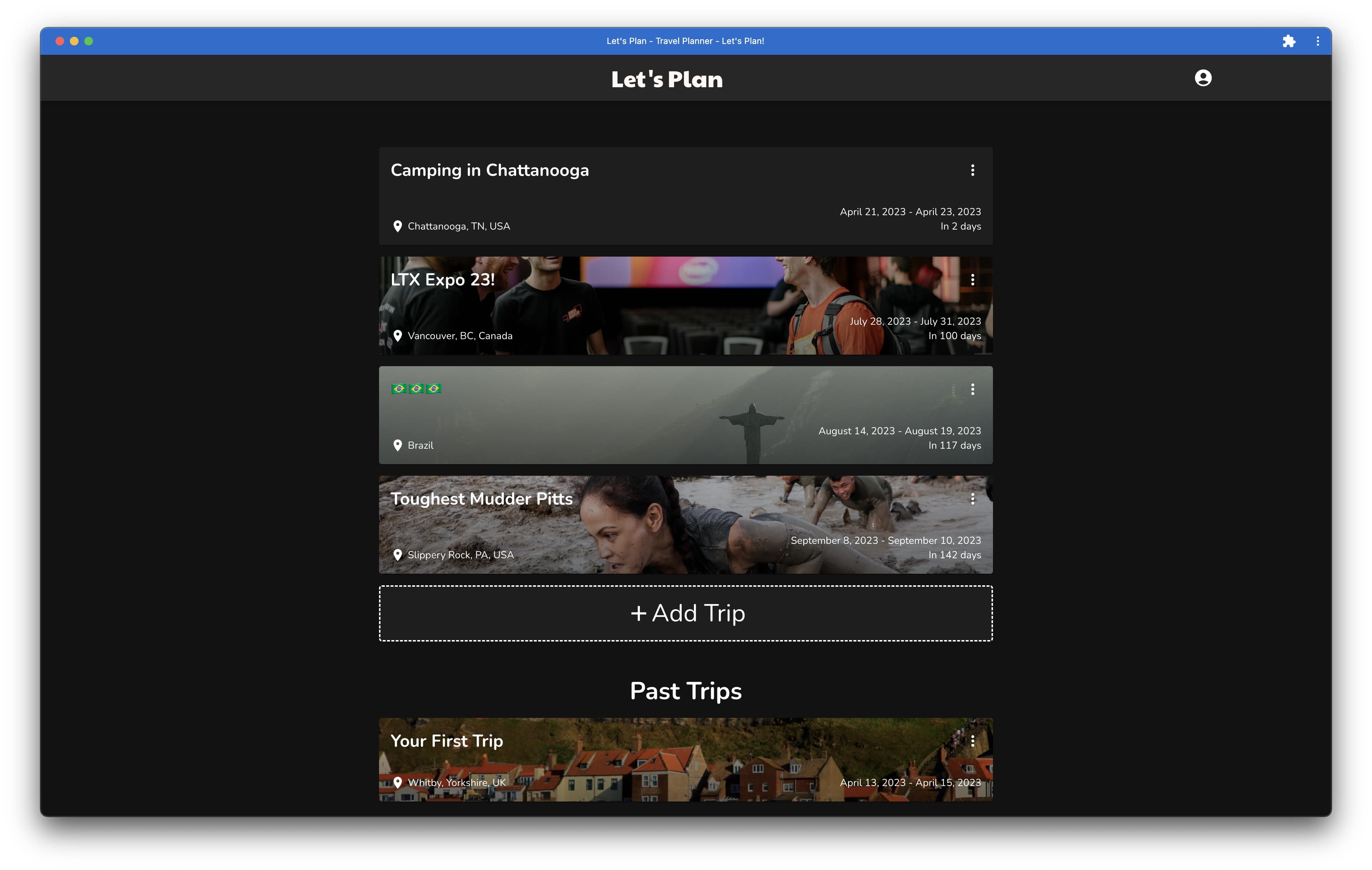 The homepage of Let's Plan, with a list of trips