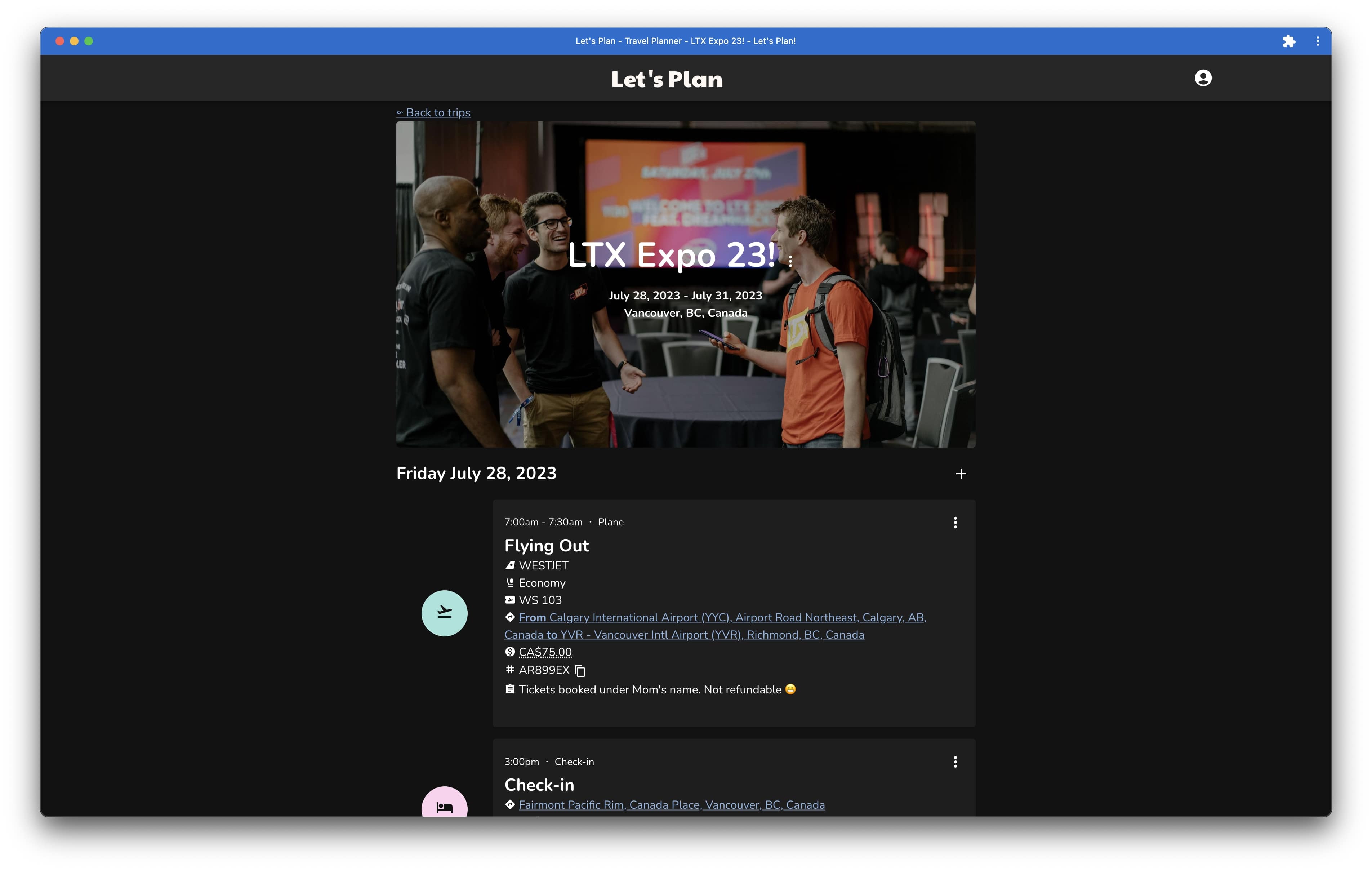 The trip details view on Let's Plan